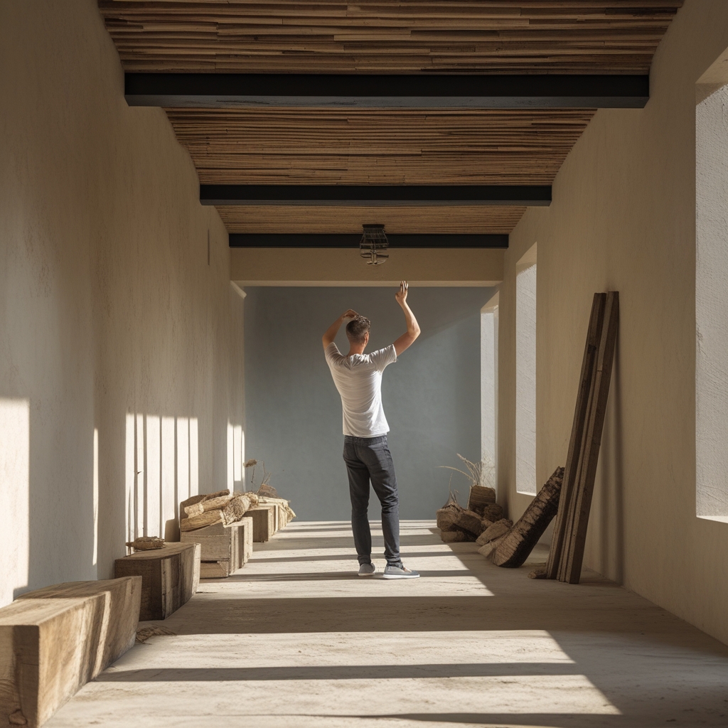 Person steht auf in einem sonnendurchfluteten Korridor mit Holzdielen und streckt die Arme nach oben, leichte Dehnbewegung, ruhige, minimalistische Umgebung