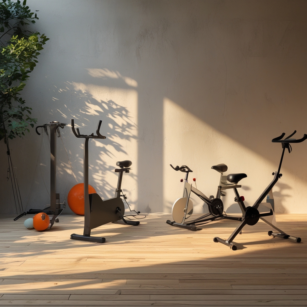 Draufsicht auf verschiedene Sportgeräte auf einer hellen Holzoberfläche, Seil, Widerstandsband und Matte, ordentlich arrangiert, neutraler Hintergrund