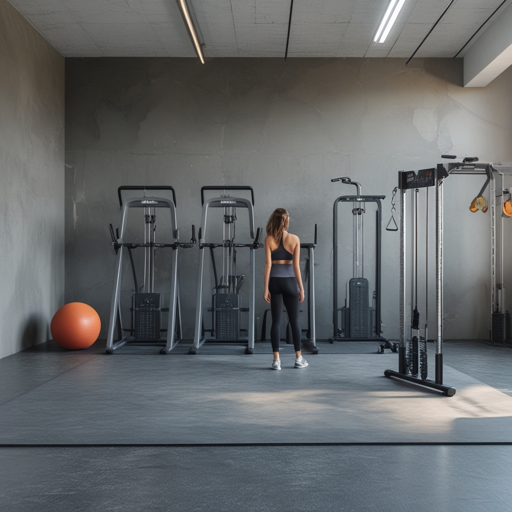 Draufsicht auf einen aufgefächerten Fächer aus verschiedenen Fitnessgeräten auf einer matten grauen Oberfläche, geometrisch angeordnet, ruhige Studiophotografie