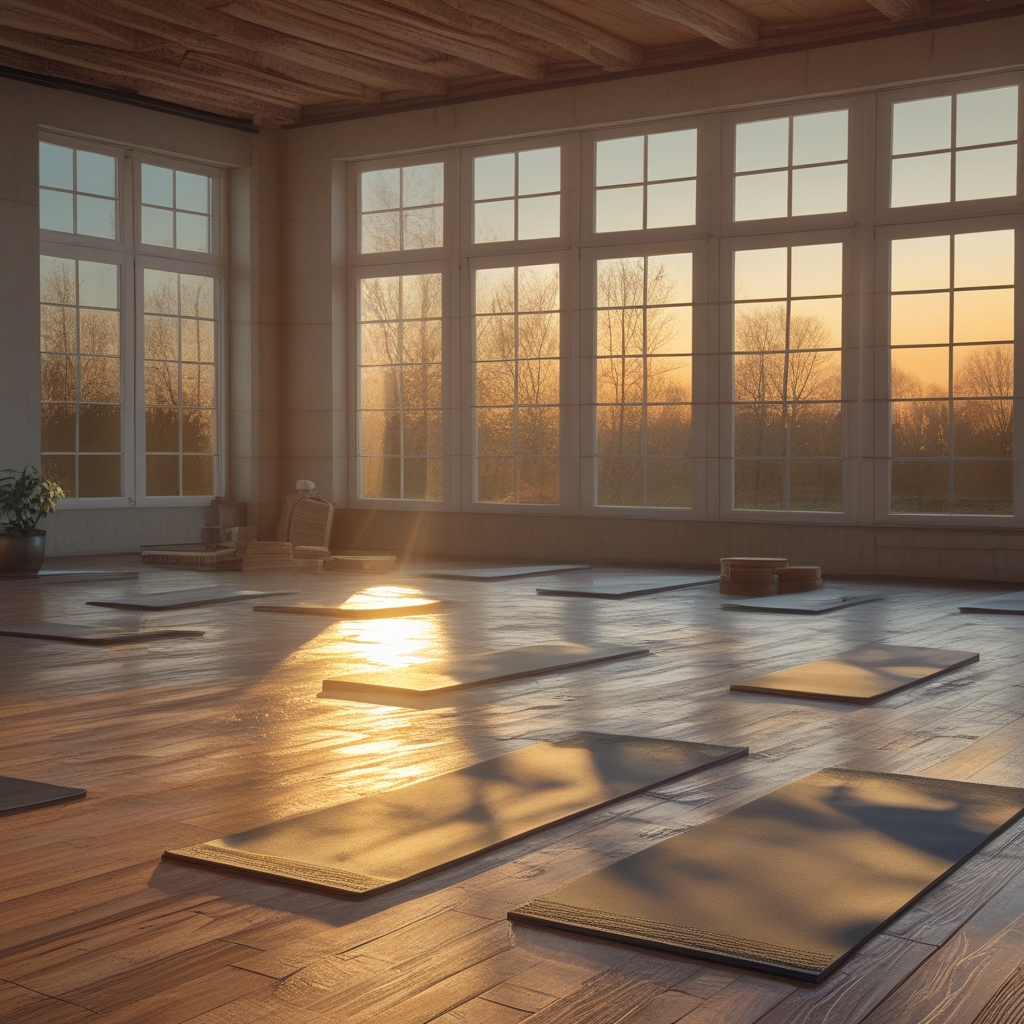 Panoramablick auf einen ruhigen, hellen Fitnessraum mit großen Fenstern und Holzparkett, warmes Nachmittagslicht fällt durch die Fenster, leere Yogamatten in einer Reihe